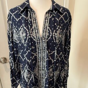LOFT Navy and White Patterned Blouse